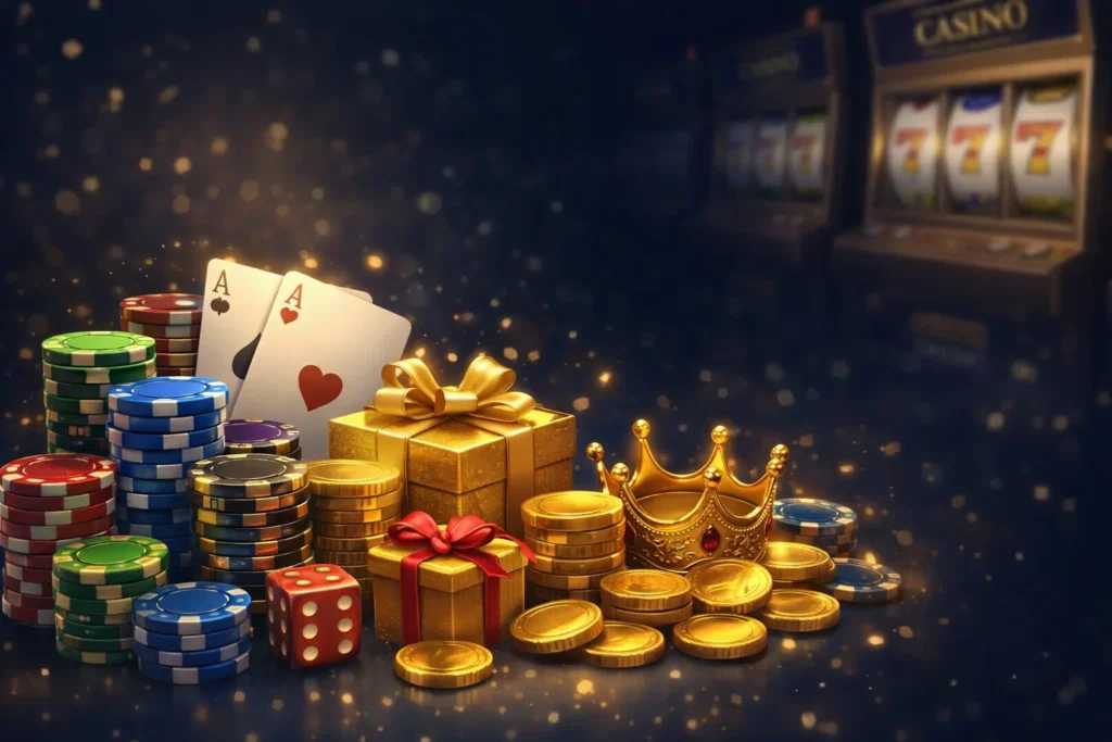 Högar av pokerchips, guldmynt, presentaskar, krona och spelkort i ett lyxigt casino