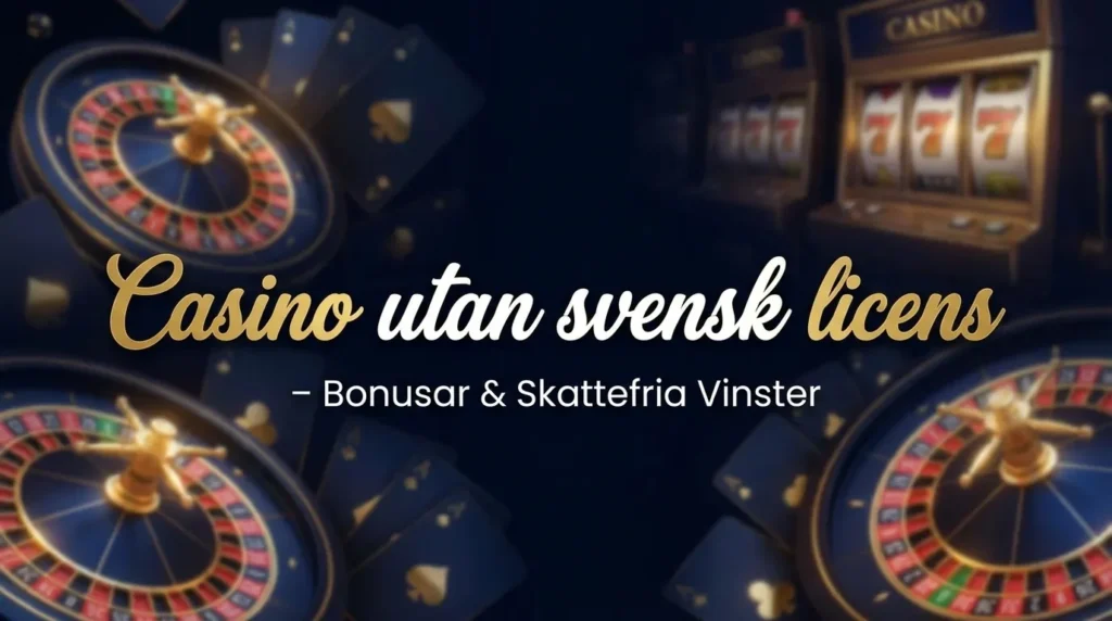 Roulette, spelkort och spelautomater med texten 'Casino utan svensk licens – Bonuser & Skattefria Vinster